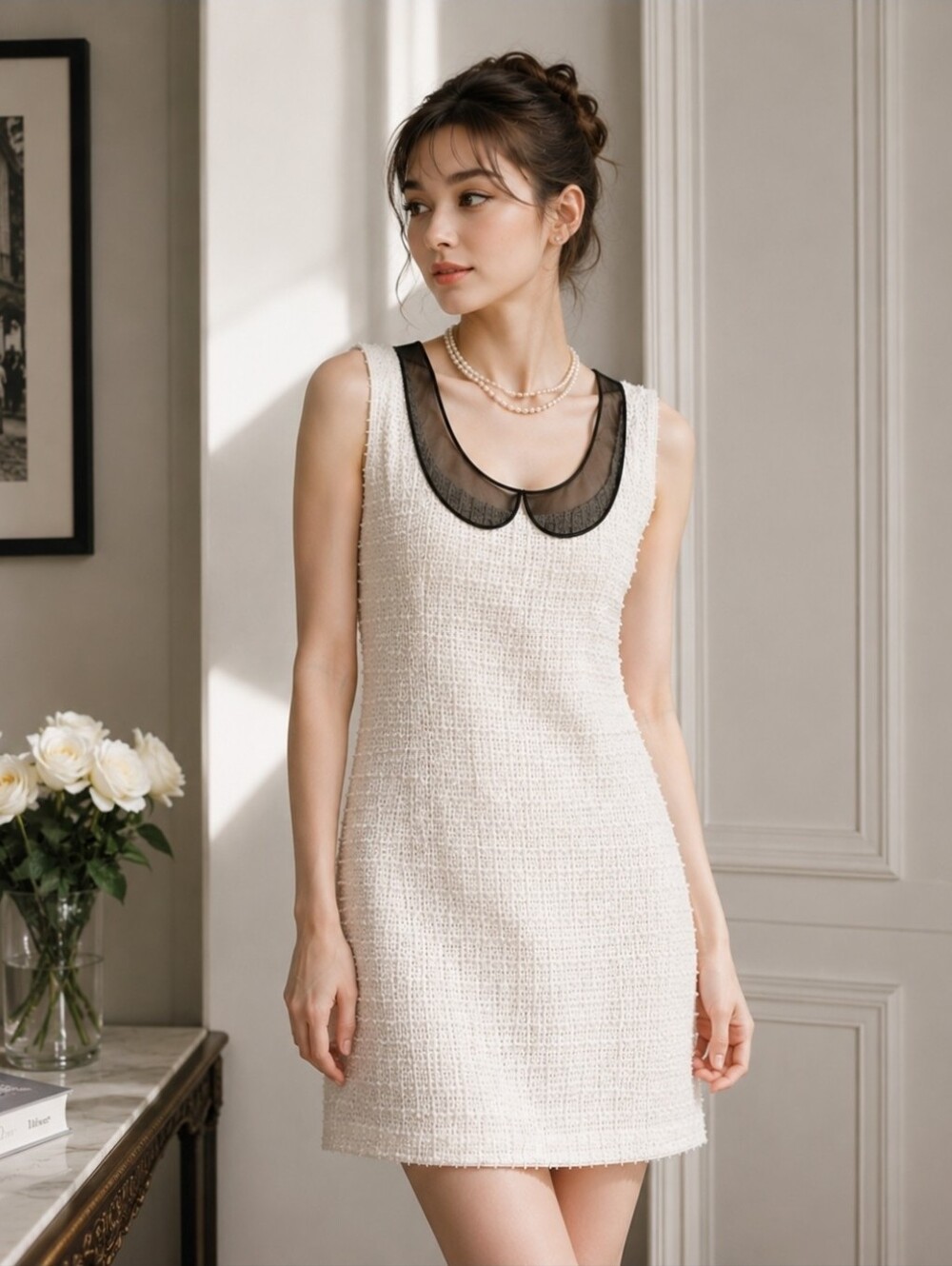 RED Valentino Ivory Tweed Tank with Black Sheer Collar Midi Dress Size 6